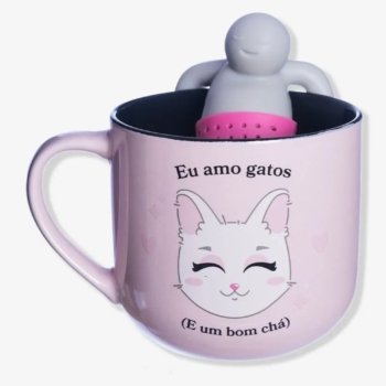 CANECA 350ML C/INFUSOR PARA CHÁ EU AMO GATOS