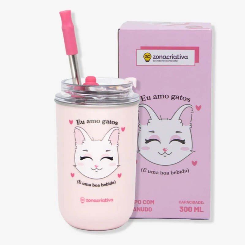 COPO NEO C/CANUDO 300ML EU AMO GATO - Imagem 3